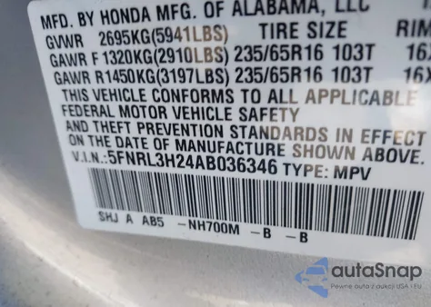 2010 Honda Odyssey Lx z USA, uszkodzony, nr VIN 5FNRL3H24AB036346